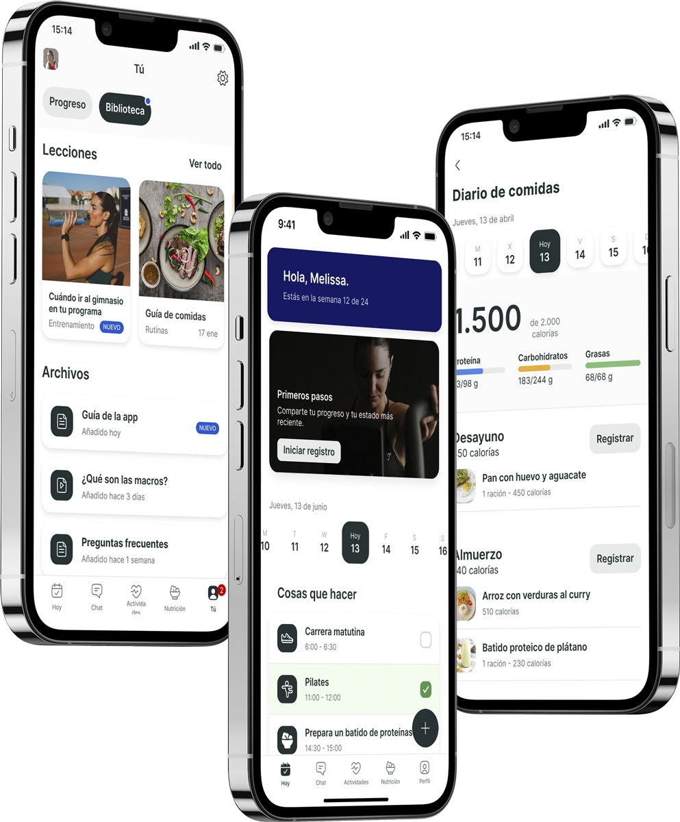 Un mockup de la app de coaching mostrando las funciones.